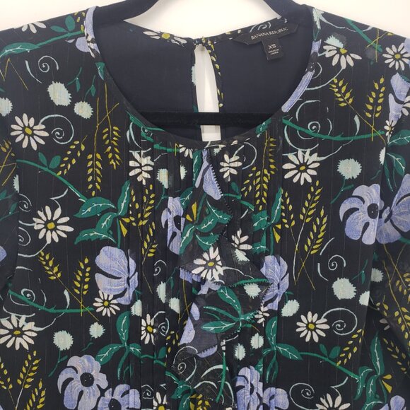 3/$25 Banana Republic Floral Print Blouse Top XS Ruffle‎ Trim Long Sleeve Black - Picture 6 of 7
